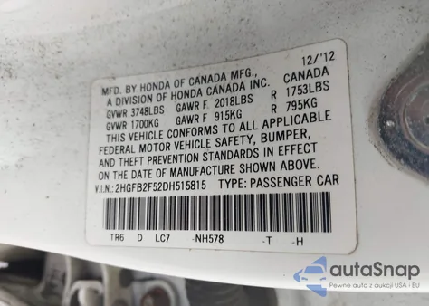 2013 Honda Civic Lx из США, поврежденный, VIN 2HGFB2F52DH515815